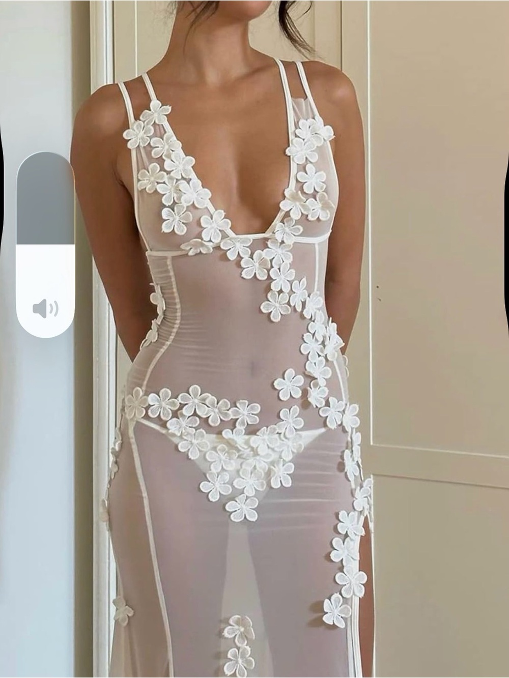 Sheer Floral Appliqué Slip Dress - White